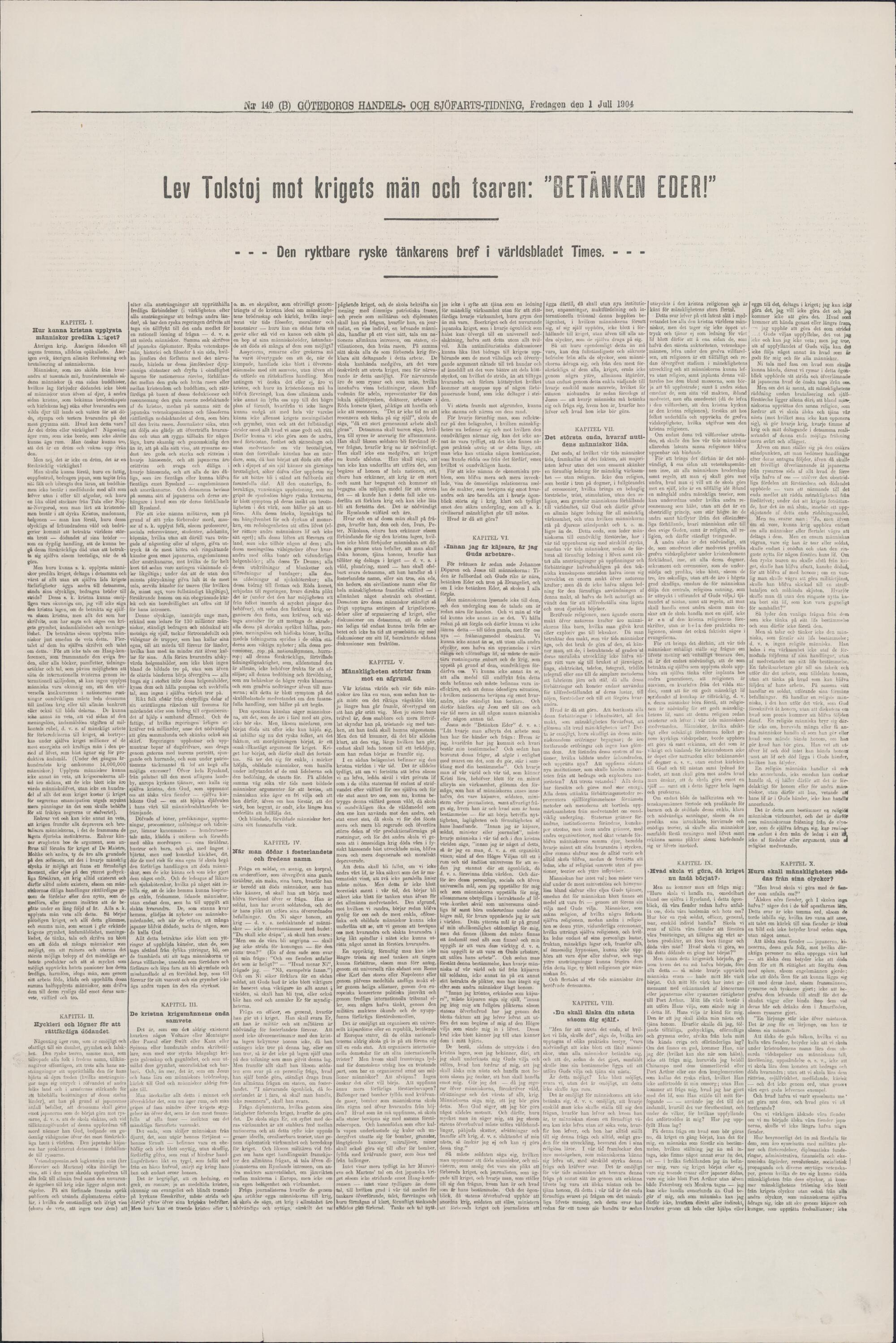 Göteborgs Handels- och Sjöfartstidning, 1 July 1904, page 7, with the headline Betänken Eder!