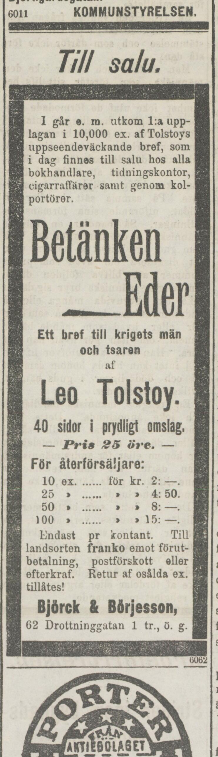 Advertisement for Betänken Eder in Socialdemokraten, 6 July 1904