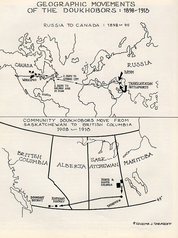 Map of Doukhobor movements in western Canada, 1898–1913