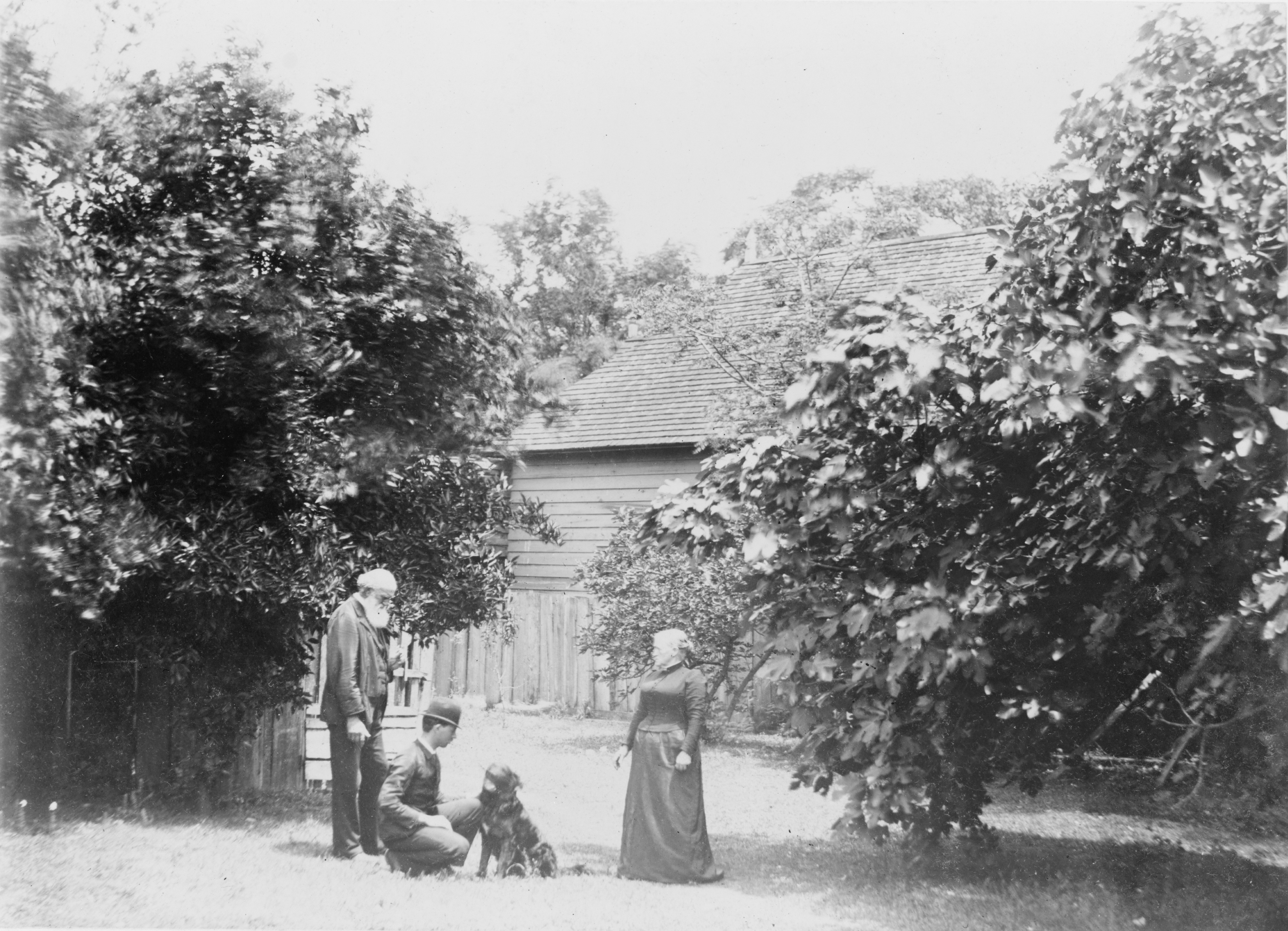 Tolstoy with his wife, a son and a dog at Yasnaya Polyana, 1880s