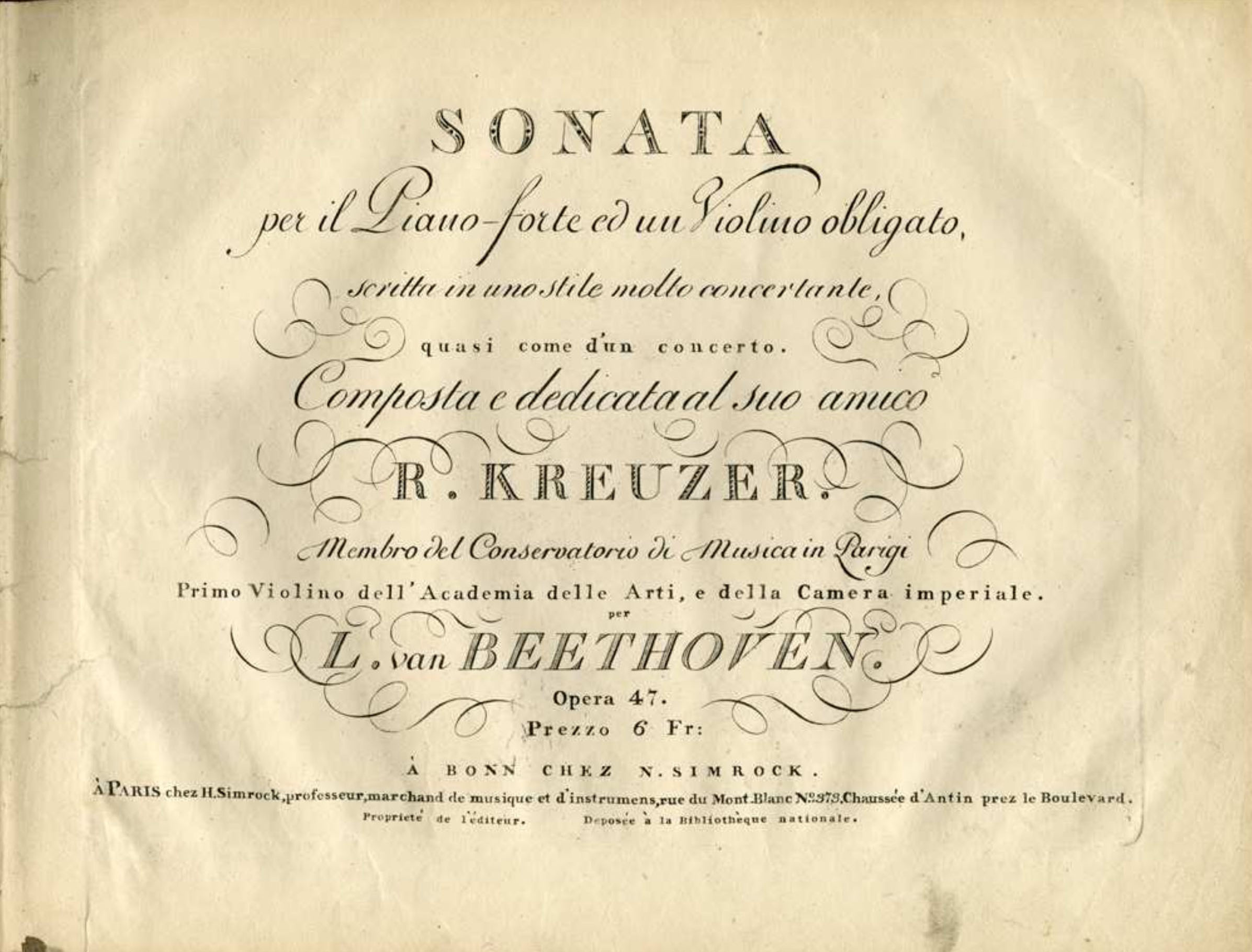 Title page of Beethoven's Op. 47, the Kreutzer Sonata, first edition 1805
