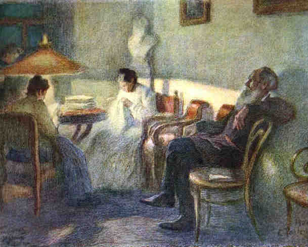 Pasternak painting of Tolstoy reading under a lamp, 1902