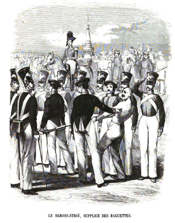 Running the gauntlet in Russia, сквозь строй, engraving by Geoffroy, 1845