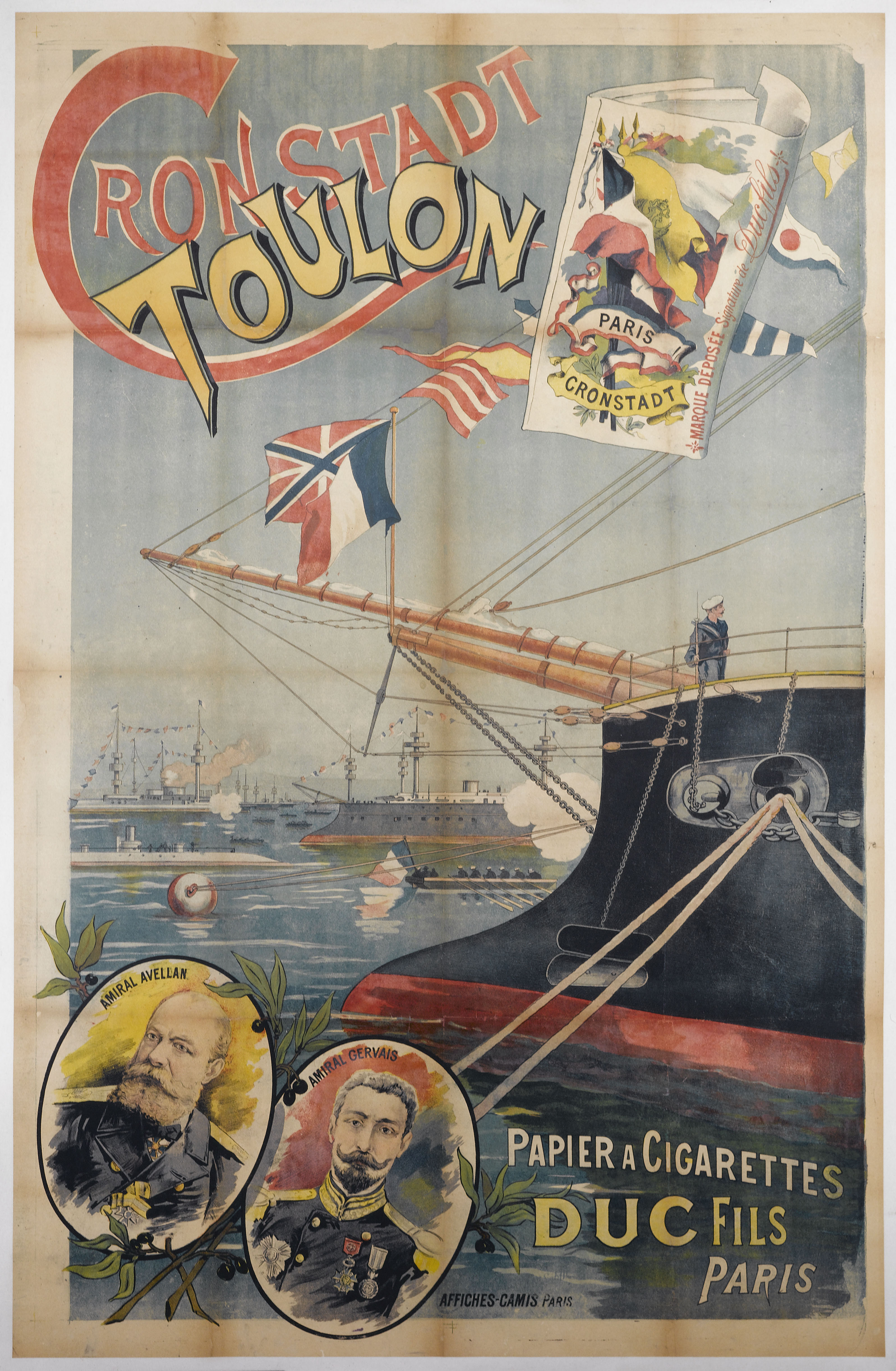Franco-Russian alliance lithograph, 1893: admirals Avelan and Gervais with the fleet