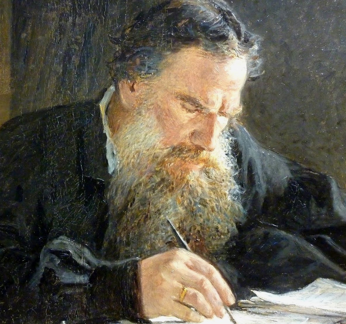 Nikolai Ge, portrait of Leo Tolstoy writing, 1884