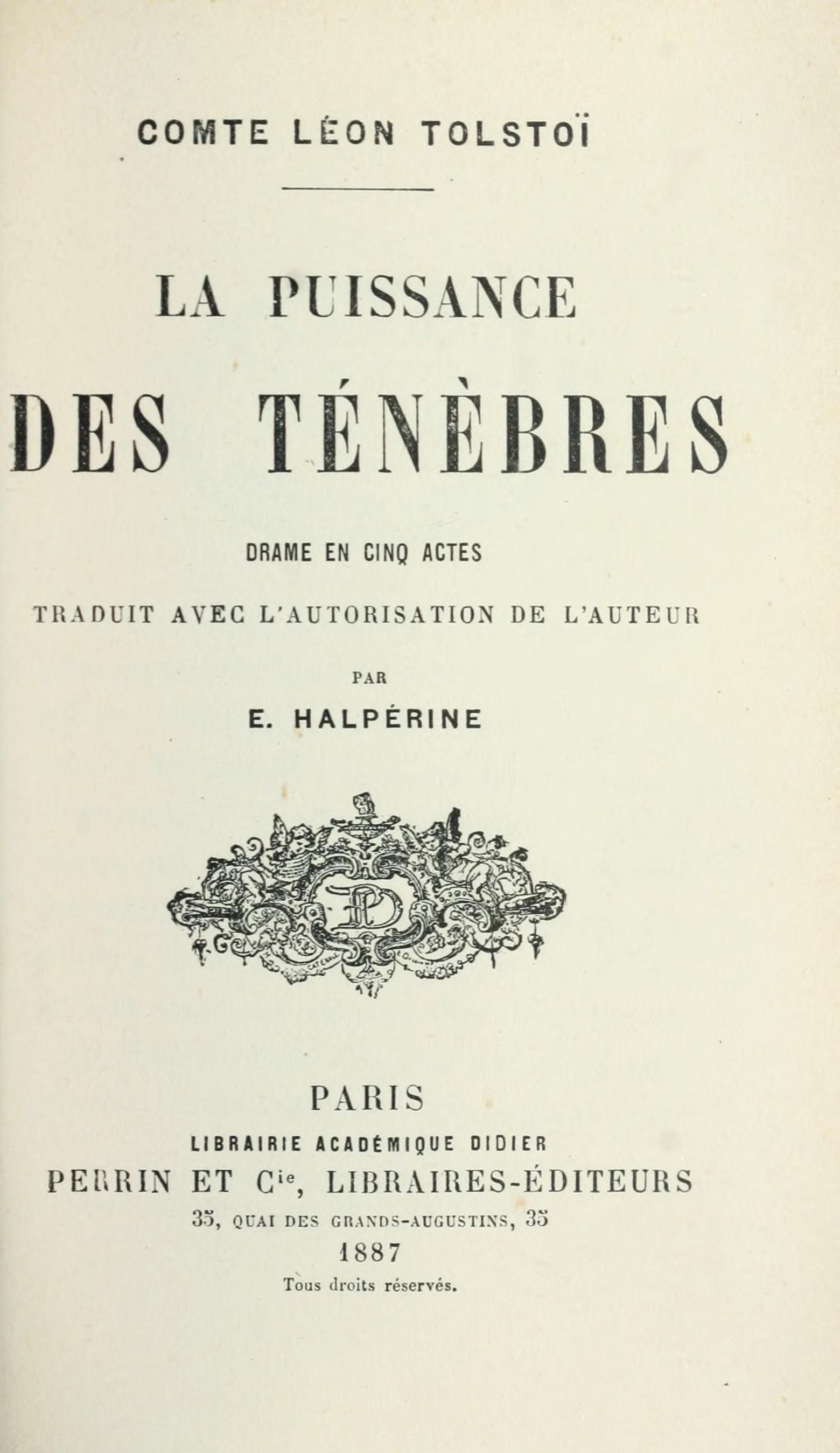 Title page of the 1887 French first edition, La Puissance des ténèbres